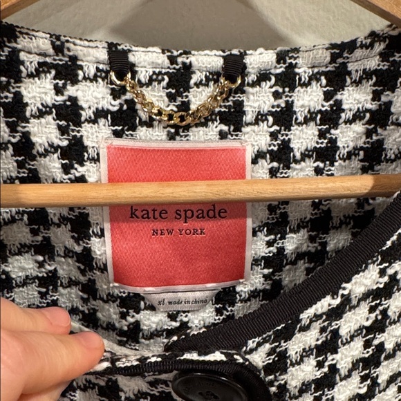 Kate Spade Women’s Houndstooth Tweed Coat Black White Crewneck Pea Coat Size XL - Picture 4 of 11